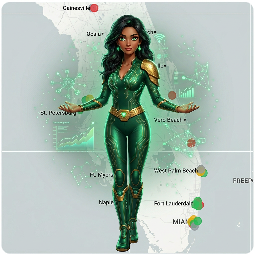 Kate — Your AI Reactivation Genie standing over Florida geo-intelligence map